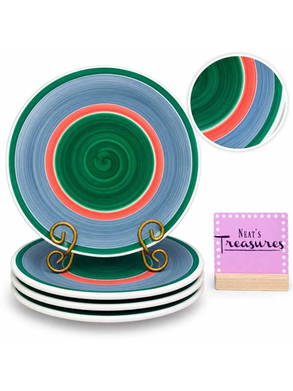 Vintage Furio Green Center Circle Pink Blue Italy Stoneware Dinner Plates Set 4